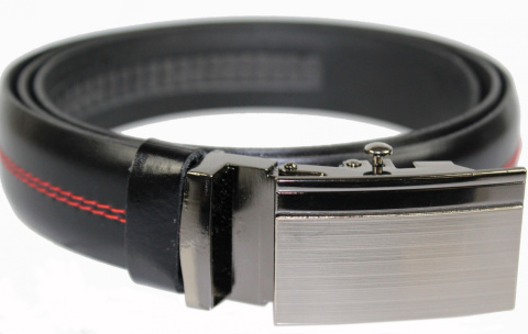 Wizytowy Pasek Skórzany 30 mm COMPLEX (PL) Pełna Klamra AUTOMAT/ZĄBEK Garnitur CZARNY CZERWONA NITKĄ Zaokrąglony AZ30/KAZ65