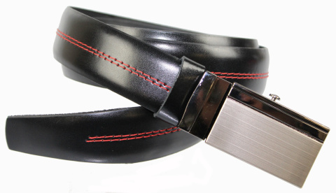 Wizytowy Pasek Skórzany 30 mm COMPLEX (PL) Pełna Klamra AUTOMAT/ZĄBEK Garnitur CZARNY CZERWONA NITKĄ Zaokrąglony AZ30/KAZ65