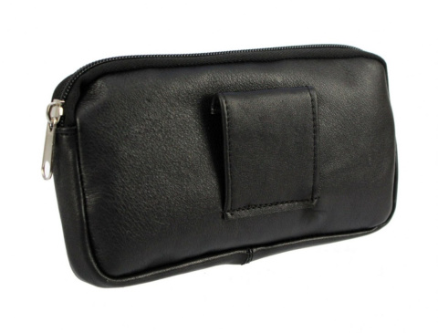 Skórzane Etui Na Telefon Płaska Saszetka CZARNA Na Pasek Z Suwakiem Polska Galanteria (PL) Na Smartfona 18,5x10,5 [cm]