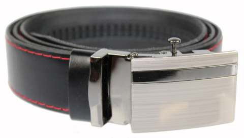 Wizytowy Pasek Skórzany 35 mm COMPLEX (PL) Pełna Klamra AUTOMAT/ZĄBEK Garnitur CZARNY CZERWONA NITKA Zaokrąglony AZ35/KAZ12