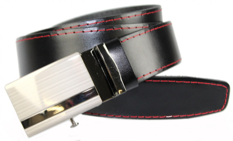 Wizytowy Pasek Skórzany 35 mm COMPLEX (PL) Pełna Klamra AUTOMAT/ZĄBEK Garnitur CZARNY CZERWONA NITKA Zaokrąglony AZ35/KAZ12