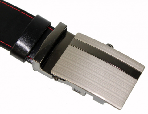 Wizytowy Pasek Skórzany 35 mm COMPLEX (PL) Pełna Klamra AUTOMAT/ZĄBEK Garnitur CZARNY CZERWONA NITKA Zaokrąglony AZ35/KAZ12