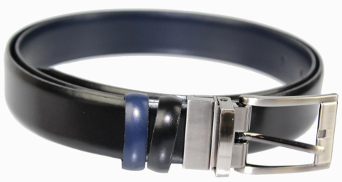 Pasek Męski Dwa w Jednym Skórzany PAS-MAX (PL) ZAOKRĄGLONY ''DWUSTRONNY'' OBROTOWY Skóra Licowa EXTRA 30 mm CZARNO-GRANATOWY