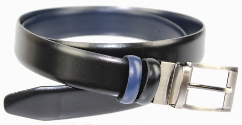 Pasek Męski Dwa w Jednym Skórzany PAS-MAX (PL) ZAOKRĄGLONY ''DWUSTRONNY'' OBROTOWY Skóra Licowa EXTRA 30 mm CZARNO-GRANATOWY