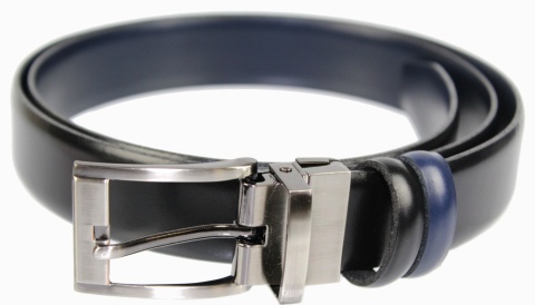 Pasek Męski Dwa w Jednym Skórzany PAS-MAX (PL) ZAOKRĄGLONY ''DWUSTRONNY'' OBROTOWY Skóra Licowa EXTRA 30 mm CZARNO-GRANATOWY