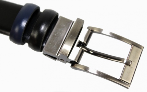 Pasek Męski Dwa w Jednym Skórzany PAS-MAX (PL) ZAOKRĄGLONY ''DWUSTRONNY'' OBROTOWY Skóra Licowa EXTRA 30 mm CZARNO-GRANATOWY