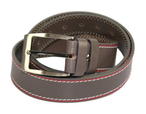 Pasek Skórzany PAS-MAX (PL) Skóra Naturalna Licowa EXTRA 40 mm Beżowo-Grafitowy Z Podwójną Czerwoną I Białą Nitką