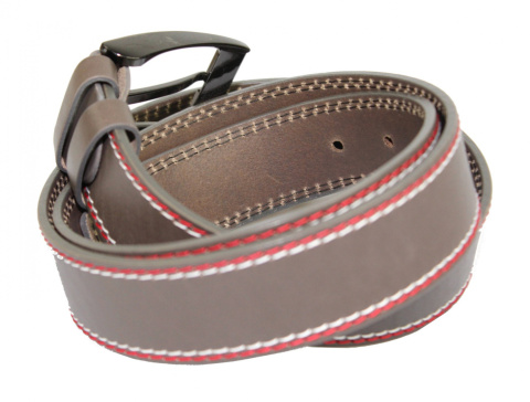Pasek Skórzany PAS-MAX (PL) Skóra Naturalna Licowa EXTRA 40 mm Beżowo-Grafitowy Z Podwójną Czerwoną I Białą Nitką