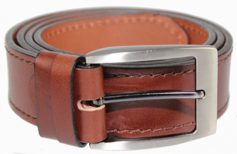 Pasek Męski Skórzany PAS-MAX (PL) Skóra Licowa 40 mm KASZTANOWY SZYTY CIENKĄ CZEKOLADOWĄ NITKĄ