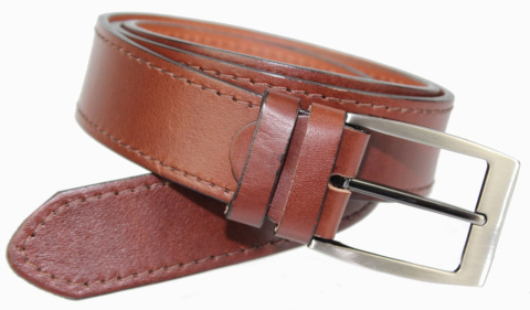 Pasek Męski Skórzany PAS-MAX (PL) Skóra Licowa 40 mm KASZTANOWY SZYTY CIENKĄ CZEKOLADOWĄ NITKĄ