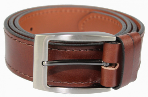 Pasek Męski Skórzany PAS-MAX (PL) Skóra Licowa 40 mm KASZTANOWY SZYTY CIENKĄ CZEKOLADOWĄ NITKĄ