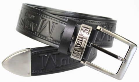 Pasek Skórzany PAS-MAX (PL) Tłoczony "MAGNUM" Z Metalową Końcówką Skóra Licowa EXTRA 40 mm CZARNY Imitacja Szycia Cienką Nitką