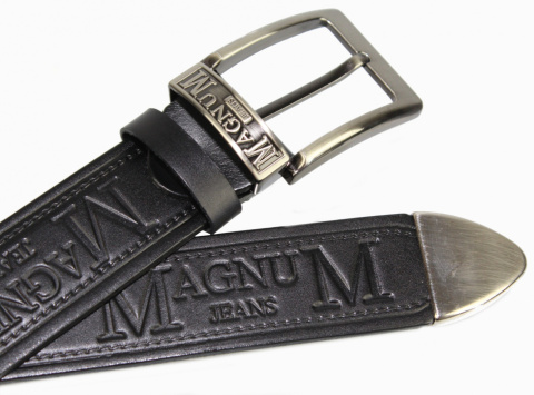 Pasek Skórzany PAS-MAX (PL) Tłoczony "MAGNUM" Z Metalową Końcówką Skóra Licowa EXTRA 40 mm CZARNY Imitacja Szycia Cienką Nitką