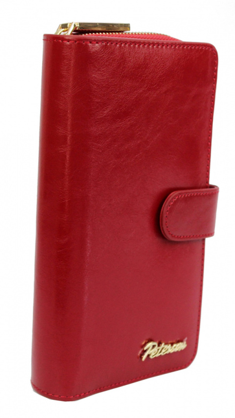 Portfel Damski Skóra Licowa PETERSON Duży Z Suwakiem Piórnik Z Zapięciem CZERWONY PTN PL-603 RFID 16,5 x 10,5 x 3 [cm]