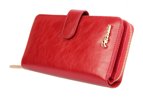 Portfel Damski Skóra Licowa PETERSON Duży Z Suwakiem Piórnik Z Zapięciem CZERWONY PTN PL-603 RFID 16,5 x 10,5 x 3 [cm]