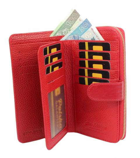 Portfel Damski Skóra Licowa PETERSON Duży Z Suwakiem Piórnik Z Zapięciem CZERWONY PTN PL-603 RFID 16,5 x 10,5 x 3 [cm]