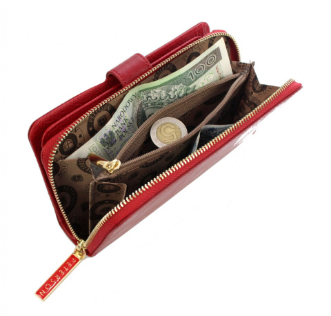 Portfel Damski Skóra Licowa PETERSON Duży Z Suwakiem Piórnik Z Zapięciem CZERWONY PTN PL-603 RFID 16,5 x 10,5 x 3 [cm]