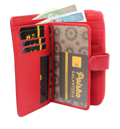 Portfel Damski Skóra Licowa PETERSON Duży Z Suwakiem Piórnik Z Zapięciem CZERWONY PTN PL-603 RFID 16,5 x 10,5 x 3 [cm]