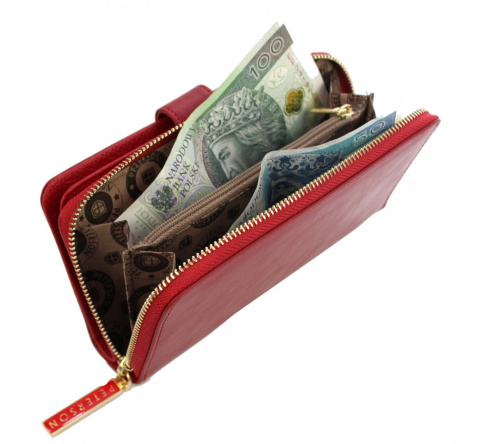 Portfel Damski Skóra Licowa PETERSON Duży Z Suwakiem Piórnik Z Zapięciem CZERWONY PTN PL-603 RFID 16,5 x 10,5 x 3 [cm]