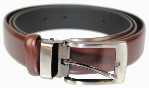 Pasek Męski PAS-MAX (PL) Skórzany ZAOKRĄGLONY Z Połyskiem Gładki Klamra Nowoczesna Skóra Licowa 30 mm CZEKOLADOWY