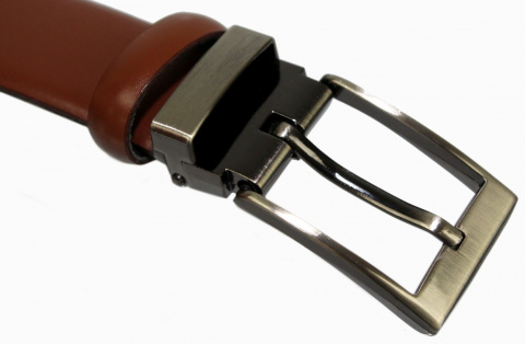 Pasek Męski PAS-MAX (PL) Skórzany ZAOKRĄGLONY Z Połyskiem Gładki Klamra Nowoczesna Skóra Licowa 30 mm JASNY BRĄZ