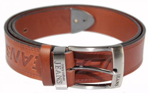 Pasek Skórzany COMPLEX (PL) Tłoczony Napis "JEANS" Z METALOWĄ KOŃCÓWKĄ Skóra Licowa EXTRA 40 mm BRĄZOWY