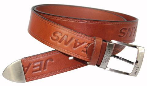 Pasek Skórzany COMPLEX (PL) Tłoczony Napis "JEANS" Z METALOWĄ KOŃCÓWKĄ Skóra Licowa EXTRA 40 mm BRĄZOWY