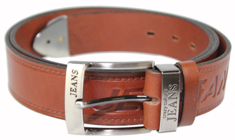 Pasek Skórzany COMPLEX (PL) Tłoczony Napis "JEANS" Z METALOWĄ KOŃCÓWKĄ Skóra Licowa EXTRA 40 mm BRĄZOWY