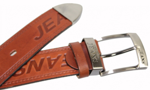 Pasek Skórzany COMPLEX (PL) Tłoczony Napis "JEANS" Z METALOWĄ KOŃCÓWKĄ Skóra Licowa EXTRA 40 mm BRĄZOWY