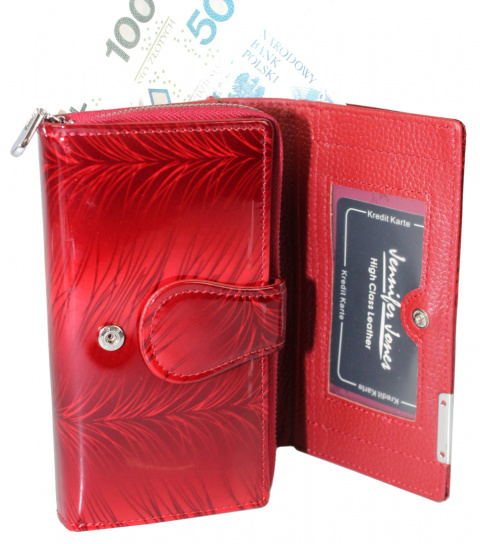 Portfel Damski Skórzany JENNIFER JONES Skóra Licowa Duży Z Suwakiem Czerwony Lakierowany Wzór 1 JJ5261-13 15,5 x 10 x 4 [cm]