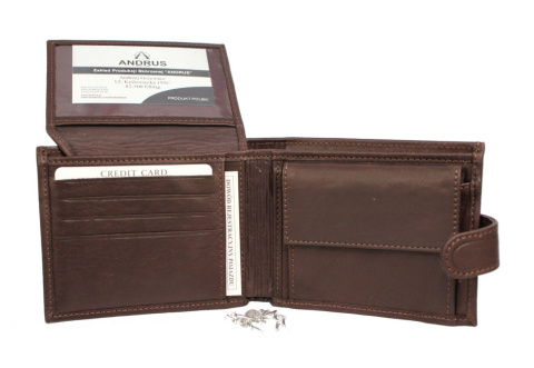 Portfel Męski Skórzany ANDRUS (PL) Skóra Licowa Duży Poziomy Z Zapięciem Jedno Skrzydełko Do Góry RFID 13 x 10 x 2,5 [cm]