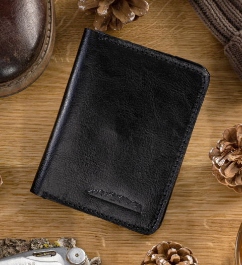 Etui Na Karty Dokumenty PolskaGalanteria Duże CZARNE Skóra Naturalna Pionowe z Miejscem Na Bilon MOTYW GÓRSKI 12 x 9 [cm]
