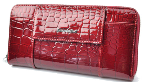 Portfel Damski Skóra Naturalna Lakierowana Alessandro Paoli Duży Z Metalowym Suwakiem Piórnik 33 35 CZERWONY 20 x 10 x 2.5 [cm]