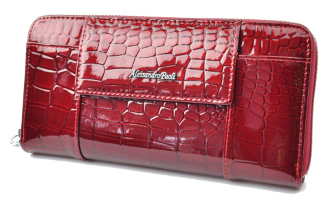 Portfel Damski Skóra Naturalna Lakierowana Alessandro Paoli Duży Z Metalowym Suwakiem Piórnik 33 35 CZERWONY 20 x 10 x 2.5 [cm]