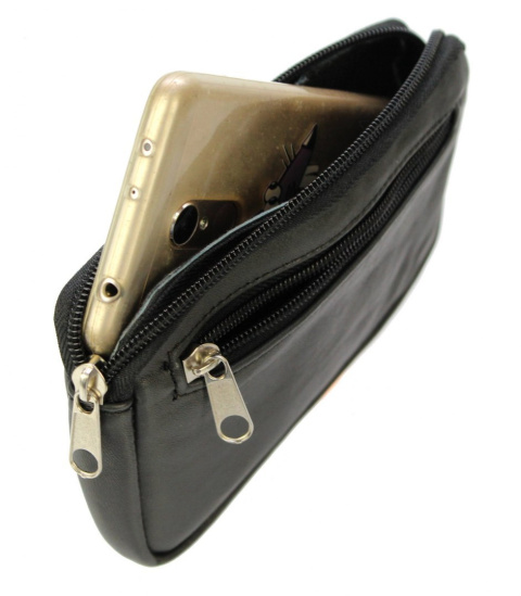 Skórzane Etui Na Telefon Płaska Saszetka CZARNA Na Pasek Z Suwakiem Polska Galanteria (PL) Na Smartfona 17,5 x 10,5 [cm]