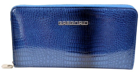 Portfel Damski Skóra Naturalna GREGORIO Duży Z Metalowym Suwakiem Piórnik Lakierowany GF-119 NIEBIESKI RFID 19 x 10 x 2.5 [cm]