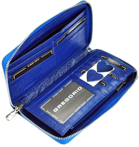 Portfel Damski Skóra Naturalna GREGORIO Duży Z Metalowym Suwakiem Piórnik Lakierowany GF-119 NIEBIESKI RFID 19 x 10 x 2.5 [cm]