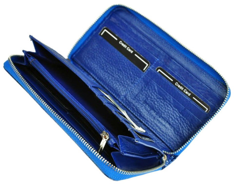 Portfel Damski Skóra Naturalna GREGORIO Duży Z Metalowym Suwakiem Piórnik Lakierowany GF-119 NIEBIESKI RFID 19 x 10 x 2.5 [cm]