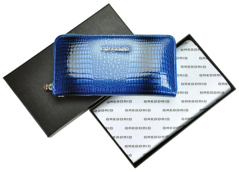 Portfel Damski Skóra Naturalna GREGORIO Duży Z Metalowym Suwakiem Piórnik Lakierowany GF-119 NIEBIESKI RFID 19 x 10 x 2.5 [cm]