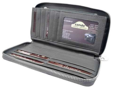 Portfel Damski Skóra Naturalna GREGORIO Duży Z Metalowym Suwakiem Piórnik Lakierowany GF-119 CZARNY RFID 19 x 10 x 2.5 [cm]