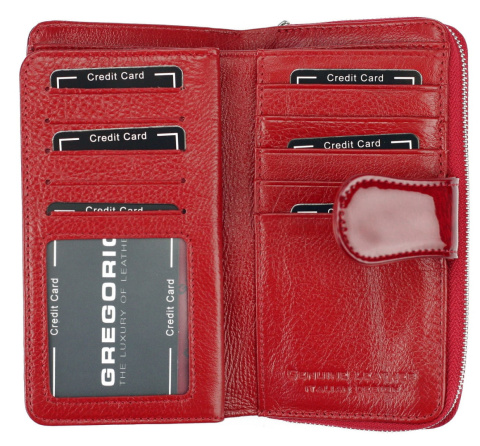 Portfel Damski Skóra Naturalna GREGORIO Duży Z Suwakiem Piórnik Lakierowany PT-116 CZERWONY RFID 16,5 x 9 x 3,5 [cm]