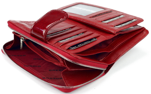 Portfel Damski Skóra Naturalna GREGORIO Duży Z Suwakiem Piórnik Lakierowany PT-116 CZERWONY RFID 16,5 x 9 x 3,5 [cm]
