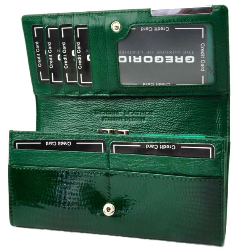 Portfel Damski Skórzany GREGORIO Długi Max Z Klamrą Lakierowany GF-100 ZIELONY RFID 18,5 x 9,5 x 3,5 [cm]