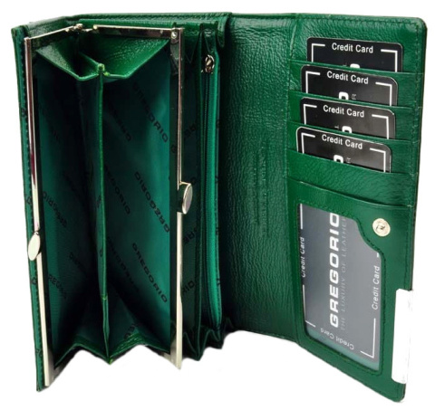Portfel Damski Skórzany GREGORIO Długi Max Z Klamrą Lakierowany GF-100 ZIELONY RFID 18,5 x 9,5 x 3,5 [cm]