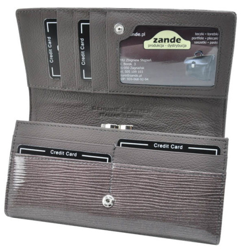 Portfel Damski Skórzany GREGORIO Długi Max Z Klamrą Lakierowany LN-100 SZARY RFID 18,5 x 9,5 x 3,5 [cm]