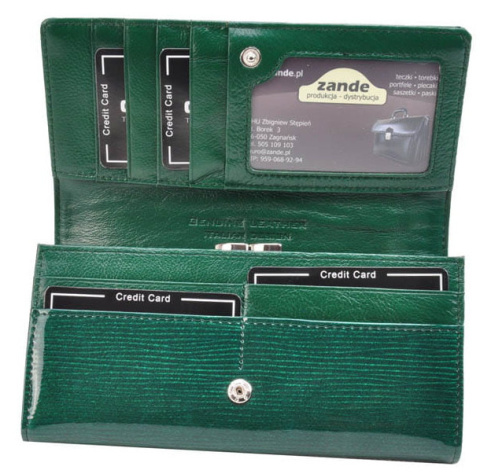 Portfel Damski Skórzany GREGORIO Długi Max Z Klamrą Lakierowany LN-100 ZIELONY RFID 18,5 x 9,5 x 3,5 [cm]