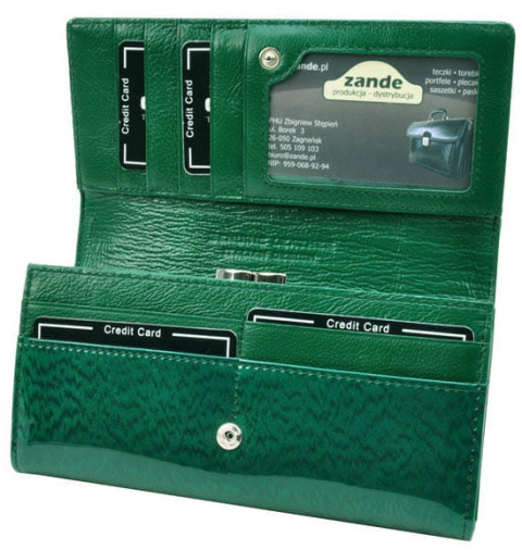 Portfel Damski Skórzany GREGORIO Długi Max Z Klamrą Lakierowany PT-100 ZIELONY RFID 18,5 x 9,5 x 3,5 [cm]