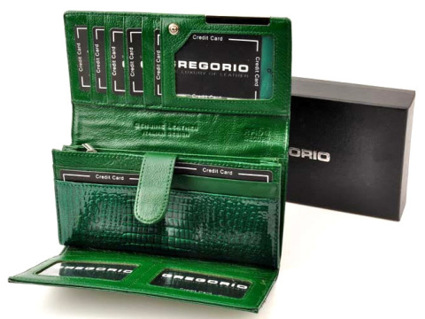 Portfel Damski Skórzany GREGORIO Skóra Licowa Lakierowana Duży Z Suwakiem Zapinka Wewnątrz GF-102 ZIELONY 19 x 9,5 x 3,5 [cm]