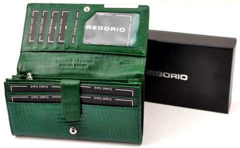 Portfel Damski Skórzany GREGORIO Skóra Licowa Lakierowana Duży Z Suwakiem Zapinka Wewnątrz GF-102 ZIELONY 19 x 9,5 x 3,5 [cm]