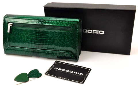 Portfel Damski Skórzany GREGORIO Skóra Licowa Lakierowana Duży Z Suwakiem Zapinka Wewnątrz GF-102 ZIELONY 19 x 9,5 x 3,5 [cm]